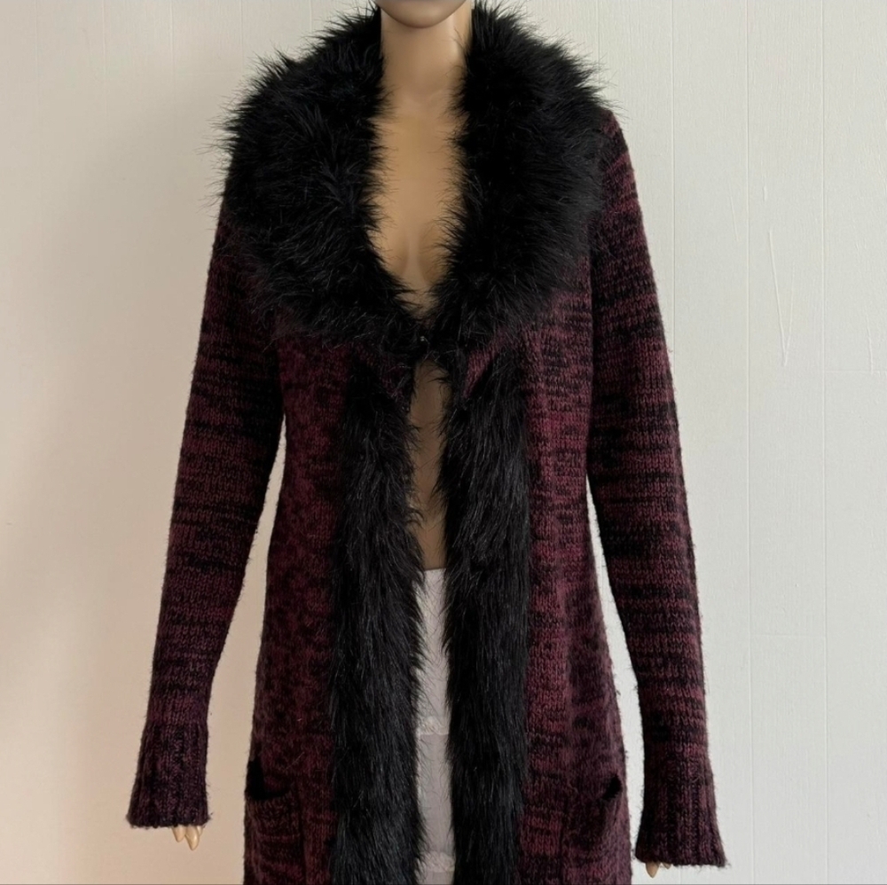 BCBGMaxAzria Burgundy Sweater Cardigan with Black Faux-Fur Trim